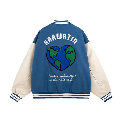 Jaket Varsity Bordir Lengan Kulit Jaket Bomber Bisbol Uniseks Varsity