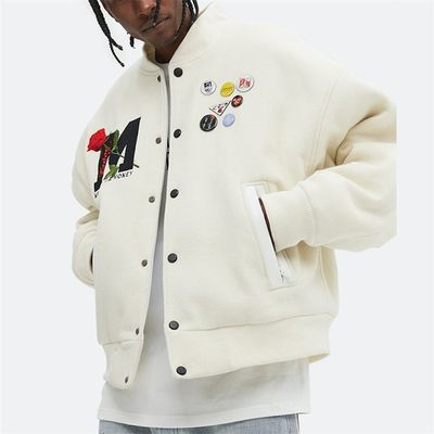 Jaket Varsity Bordir Kustom OEM Musim Dingin 100% Wol Rose Fleece Jaket Bomber Huruf