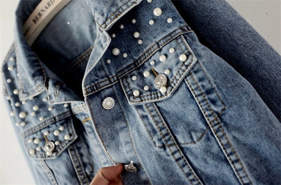 Jaket Denim Bordir Kasual Wanita Blus Jaket Kerah Mandarin