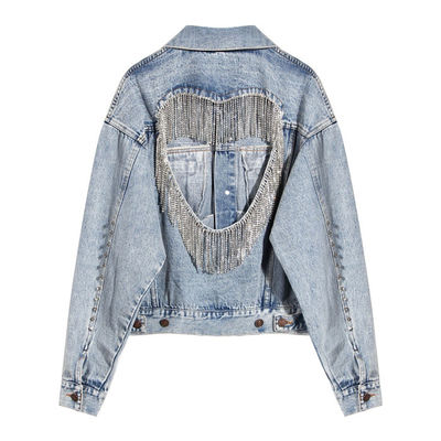 Berlian Imitasi Bordir Jaket Denim Wanita Berlubang Jaket Kebesaran