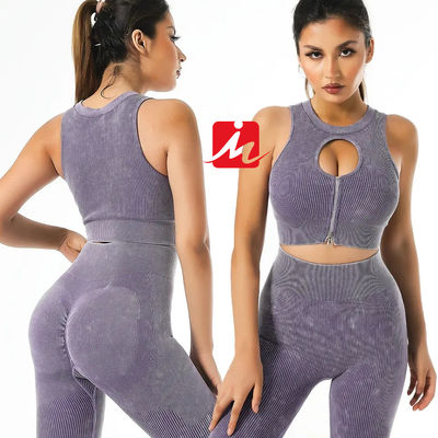 Wanita 5 Buah Bra Olahraga Dan Legging Seamless Ribbed Fitness Set Pakaian Olahraga