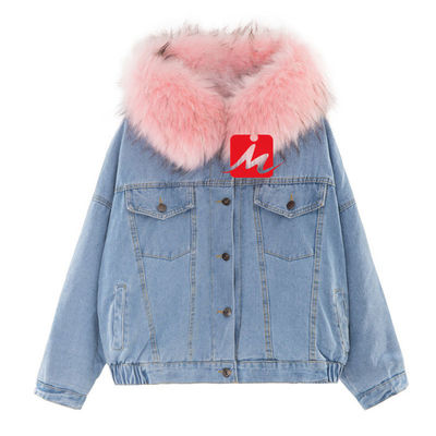 Mezclilla Bordir Denim Jaket Heavy Chamarra Dama Winter Button Fur Demin Jacket