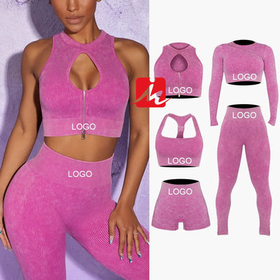 Wanita 5 Buah Bra Olahraga Dan Legging Seamless Ribbed Fitness Set Pakaian Olahraga